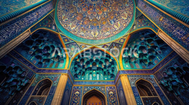 الفن الهندسي المعماري لمسجد عربي عريق باللون الأزرق، التصاميم والديكورات للمساجد في المملكة العربية السعودية، مفهوم العبادة والتقرب إلى الله تعالى، نقوش وزخارف إسلامي مميزة على الجدران الخارجية