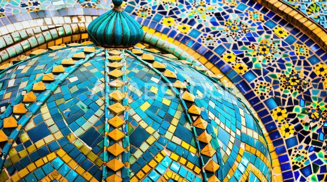 التصاميم والديكورات للمساجد في المملكة العربية السعودية، مفهوم العبادة والتقرب إلى الله تعالى، النقوش والزخارف على جدران القبب، الفن الهندسي المعماري لمسجد عربي عريق باللون الأزرق
