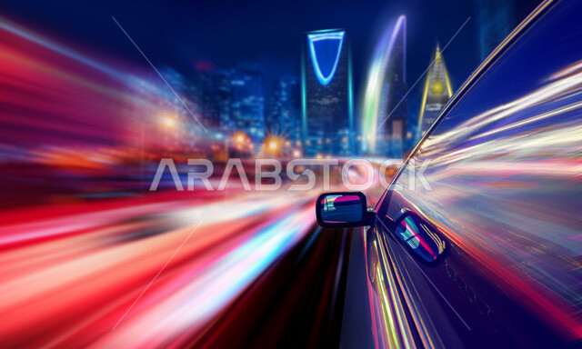 صورة مقربة لتاكسي سريع في شوارع المملكة العربية السعودية يرتبط بتقنيات التتبع الحديثة ، استخدام تقنية الهولوجرام ثلاثية الأبعاد .