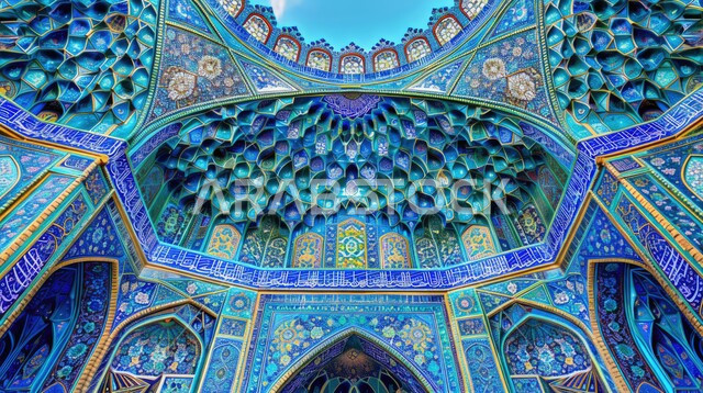 The concept of worship and drawing closer to God Almighty, the architectural art of an ancient Arab mosque in blue, designs and decorations for mosques in the Kingdom of Saudi Arabia, distinctive Islamic engravings and decorations on the walls