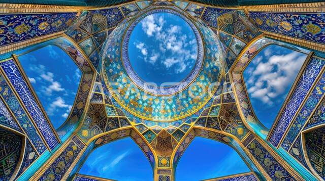 The concept of worship and drawing closer to God Almighty, the architectural art of an ancient Arab mosque in blue, designs and decorations of mosques in the Kingdom of Saudi Arabia, distinctive Islamic engravings and decorations on domes and arches