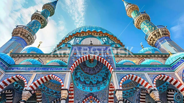 نقوش وزخارف فسيفسائية باللون الازرق، القبب والمآذن الشامخة للمساجد، الفن الهندسي المعماري في بناء دور العبادة، الديكورات الخارجية على الطراز العربي الاسلامي, العبادة والتقرب إلى الله، أماكن أداء الصلوات والطاعات