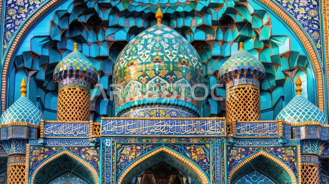 نقوش وزخارف فسيفسائية باللون الازرق، القبب والمآذن الشامخة للمساجد، الفن الهندسي المعماري في بناء دور العبادة، الديكورات الخارجية على الطراز العربي الاسلامي, العبادة والتقرب إلى الله، أماكن أداء الصلوات والطاعات