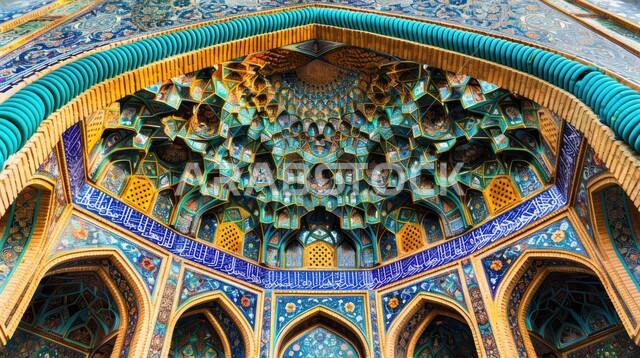 مفهوم العبادة والتقرب إلى الله تعالى، الفن الهندسي المعماري لمسجد عربي عريق باللون الأزرق، التصاميم والديكورات للمساجد في المملكة العربية السعودية، نقوش وزخارف إسلامية مميزة على الجدران