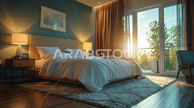 غرف بتصاميم داخلية عصرية فاخرة، شقق وفلل سكنية بديكورات متطورة، سرير ووسائد مريحة، أثاث منزلي راقي وأنيق، تصميم داخلي لغرفة نوم بأسلوب حديث، فنون الهندسة المعمارية، فنادق ومنتجعات حديثة