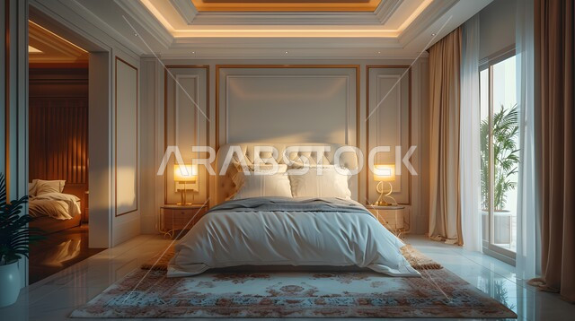غرف بتصاميم داخلية عصرية فاخرة، شقق وفلل سكنية بديكورات متطورة، سرير ووسائد مريحة، أثاث منزلي راقي وأنيق، تصميم داخلي لغرفة نوم بأسلوب حديث، فنون الهندسة المعمارية، فنادق ومنتجعات حديثة