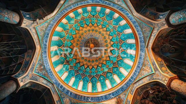 الفن الهندسي المعماري لمسجد عربي عريق باللون الأزرق،النقوش والزخارف على الجدران الداخلية للقبب والأقواس، امفهوم العبادة والتقرب إلى الله تعالى، التصاميم والديكورات الداخلية الأنيقة للمساجد في المملكة العربية السعودية