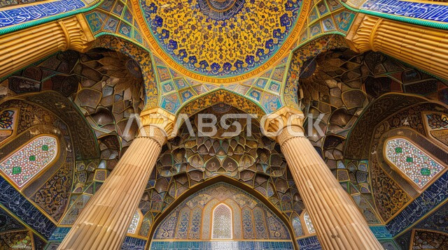 النقوش والزخارف على الجدران الداخلية للقبب والأقواس، امفهوم العبادة والتقرب إلى الله تعالى، التصاميم والديكورات الداخلية الأنيقة للمساجد في المملكة العربية السعودية، لفن الهندسي المعماري لمسجد عربي عريق باللون الأزرق والذهبي