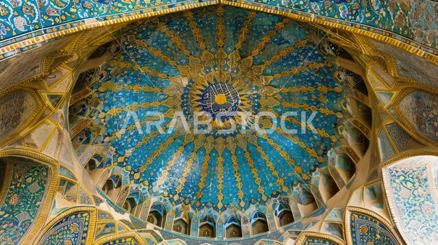 مفهوم العبادة والتقرب إلى الله تعالى، التصاميم والديكورات الداخلية الأنيقة للمساجد في المملكة العربية السعودية، النقوش والزخارف على الجدران الداخلية للقبب والأقواس، الفن الهندسي المعماري لمسجد عربي عريق باللون الأزرق والذهبي