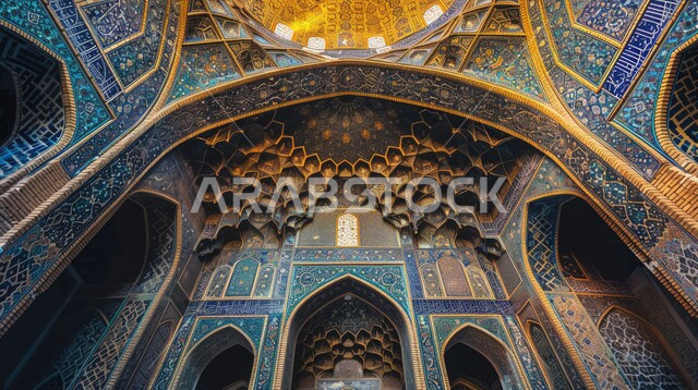 الفن الهندسي المعماري لمسجد عربي عريق باللون الأزرق، التصاميم والديكورات للمساجد في المملكة العربية السعودية، مفهوم العبادة والتقرب إلى الله تعالى، نقوش وزخارف إسلامي مميزة على الجدران