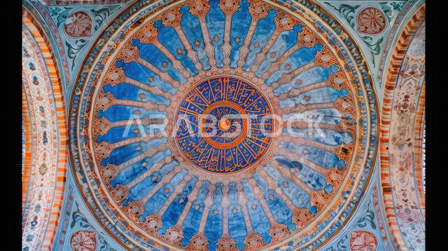 الفن الهندسي المعماري لمسجد عربي عريق باللون الأزرق، النقوش والزخارف على الجدران الداخلية للقبب والأقواس، امفهوم العبادة والتقرب إلى الله تعالى، التصاميم والديكورات الداخلية الأنيقة للمساجد في المملكة العربية السعودية