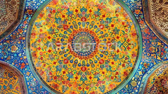 The concept of worship and drawing closer to God Almighty, the architectural art of an ancient Arab mosque in blue and yellow, the engravings and decorations on the interior walls of the domes and arches, the elegant interior designs and decorations of mosques in the Kingdom of Saudi Arabia