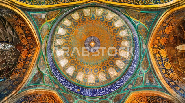 النقوش والزخارف على الجدران الداخلية للقبب والأقواس، امفهوم العبادة والتقرب إلى الله تعالى، التصاميم والديكورات الداخلية الأنيقة للمساجد في المملكة العربية السعودية، لفن الهندسي المعماري لمسجد عربي عريق باللون الأزرق والذهبي