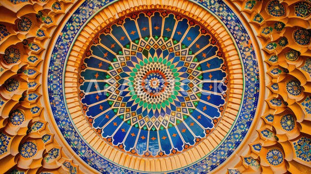 الفن الهندسي المعماري لمسجد عربي عريق باللون الأزرق،النقوش والزخارف على الجدران الداخلية للقبب والأقواس، امفهوم العبادة والتقرب إلى الله تعالى، التصاميم والديكورات الداخلية الأنيقة للمساجد في المملكة العربية السعودية