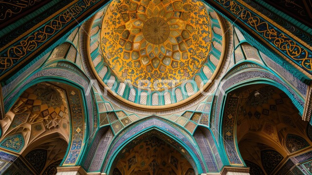 مفهوم العبادة والتقرب إلى الله تعالى، التصاميم والديكورات الداخلية الأنيقة للمساجد في المملكة العربية السعودية، النقوش والزخارف على الجدران الداخلية للقبب والأقواس، الفن الهندسي المعماري لمسجد عربي عريق باللون الأزرق والذهبي