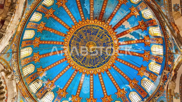 الفن الهندسي المعماري لمسجد عربي عريق باللون الأزرق،النقوش والزخارف على الجدران الداخلية للقبب والأقواس، امفهوم العبادة والتقرب إلى الله تعالى، التصاميم والديكورات الداخلية الأنيقة للمساجد في المملكة العربية السعودية