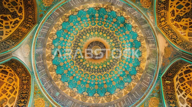 النقوش والزخارف على الجدران الداخلية للقبب والأقواس، امفهوم العبادة والتقرب إلى الله تعالى، التصاميم والديكورات الداخلية الأنيقة للمساجد في المملكة العربية السعودية، لفن الهندسي المعماري لمسجد عربي عريق باللون الأزرق والذهبي
