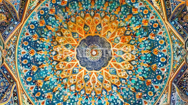 مفهوم العبادة والتقرب إلى الله تعالى، التصاميم والديكورات الداخلية الأنيقة للمساجد في المملكة العربية السعودية، النقوش والزخارف على الجدران الداخلية للقبب والأقواس، الفن الهندسي المعماري لمسجد عربي عريق باللون الأزرق والذهبي