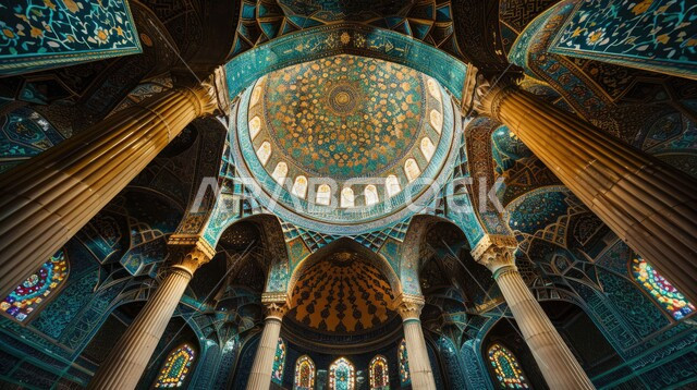 مفهوم العبادة والتقرب إلى الله تعالى، التصاميم والديكورات الداخلية الأنيقة للمساجد في المملكة العربية السعودية، النقوش والزخارف على الجدران الداخلية للقبب والأقواس، الفن الهندسي المعماري لمسجد عربي عريق باللون الأزرق والذهبي