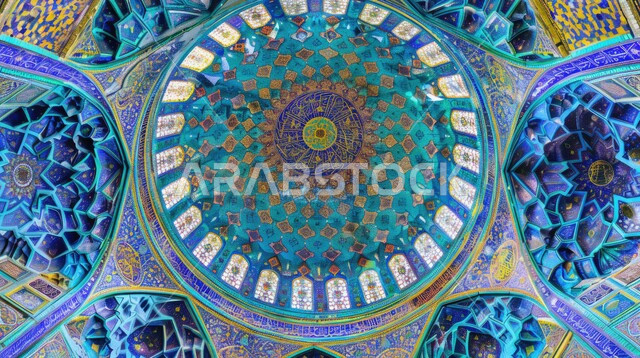 الفن الهندسي المعماري لمسجد عربي عريق باللون الأزرق، النقوش والزخارف على الجدران الداخلية للقبب والأقواس، امفهوم العبادة والتقرب إلى الله تعالى، التصاميم والديكورات الداخلية الأنيقة للمساجد في المملكة العربية السعودية