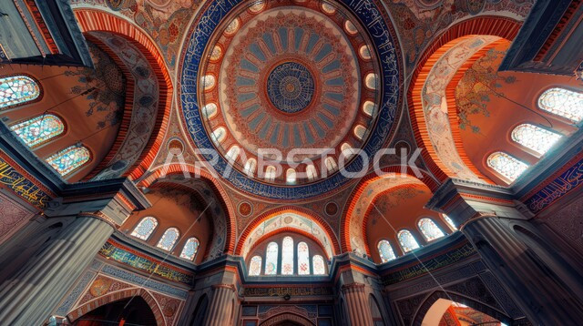 النقوش والزخارف على الجدران الداخلية للقبب والأقواس، مفهوم العبادة والتقرب إلى الله تعالى، الفن الهندسي المعماري لمسجد عربي عريق، التصاميم والديكورات الداخلية الأنيقة للمساجد في المملكة العربية السعودية