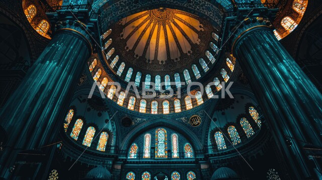 نوافذ مزخرفة بنمط الارابيسك العربي التقليدي، مفهوم العبادة والتقرب إلى الله تعالى، الفن الهندسي المعماري لمسجد عربي عريق، التصاميم والديكورات الداخلية الأنيقة للقبب والأقواس في مساجد المملكة العربية السعودية