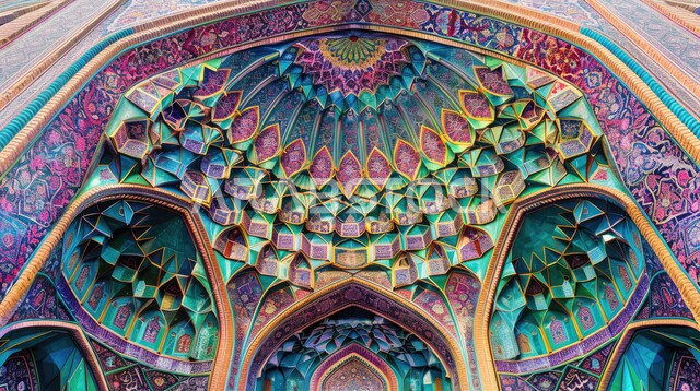 مفهوم العبادة والتقرب إلى الله تعالى، الفن الهندسي المعماري لمسجد عربي عريق باللون البنفسجي، التصاميم والديكورات للمساجد في المملكة العربية السعودية، نقوش وزخارف إسلامية مميزة على الجدران