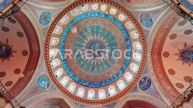 نقوش وزخارف إسلامية مميزة على الجدران الداخلية للقبب والأقواس، التصاميم والديكورات للمساجد في المملكة العربية السعودية، الفن الهندسي المعماري لمسجد عربي عريق، مفهوم العبادة والتقرب إلى الله تعالى