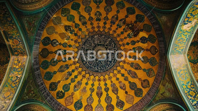التصاميم والديكورات للمساجد في المملكة العربية السعودية، الفن الهندسي المعماري لمسجد عربي عريق باللون الأصفر والأخضر، مفهوم العبادة والتقرب إلى الله تعالى، نقوش وزخارف إسلامية مميزة على الجدران الداخلية للقبب والأقواس
