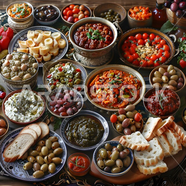 Oriental food recipes, setting the table for a festive Christmas dinner, oriental cuisine in Saudi Arabia restaurants, the art of serving and preparing meals, the concept of arranging and decorating food, healthy popular dishes
