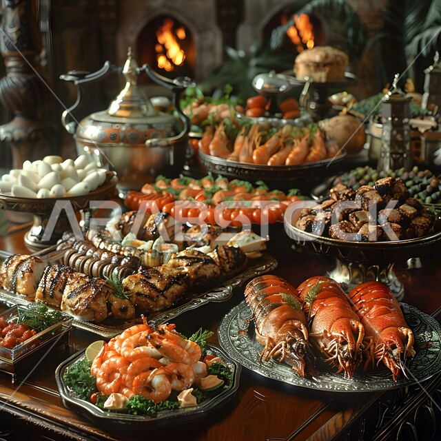 Oriental food recipes, setting the table for a festive Christmas dinner, oriental cuisine in Saudi Arabia restaurants, the art of serving and preparing meals, the concept of arranging and decorating food, healthy popular dishes