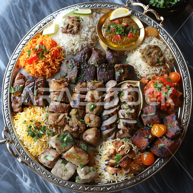 Oriental food recipes, setting the table for a festive Christmas dinner, oriental cuisine in Saudi Arabia restaurants, the art of serving and preparing meals, the concept of arranging and decorating food, healthy popular dishes