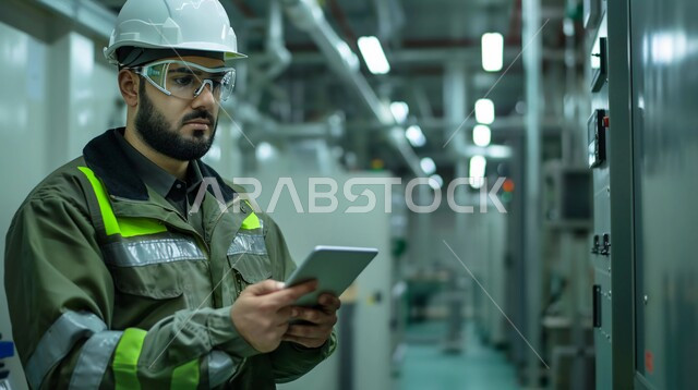 اعتماد التقنيات والتكنولوجيا الحديثة في الهندسة, كفاءة الإنتاج و التصنيع وتحقيق الثورة الصناعية, مهندس صناعي عربي سعودي خليجي يرتدي سترة وخوذة الحماية يتابع سير أعمال المصنع بإستخدام جهاز التابلت، مهن ووظائف سعودية، خلفية المعمل
