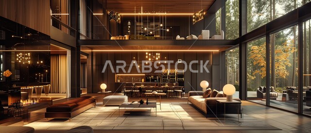 الفن الهندسي المعماري على الطراز الحديث، أثاث داخلي عصري لمطعم  فاخر بجدران وأرضيات خشبية في المملكة العربية السعودية، الديكورات والتصاميم الداخلية للكافيهات والمطاعم, أجواء الاسترخاء والهدوء, الواجهات الزجاجية المطلة على الطبيعة
