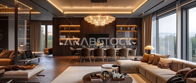 .Modern living room interior designs, luxury interior decorations for villas and apartments in Saudi Arabia, modern accessories and antiques on the dining table, glass facade overlooking nature, 3D rendering of a living room with luxury home furniture in brown
