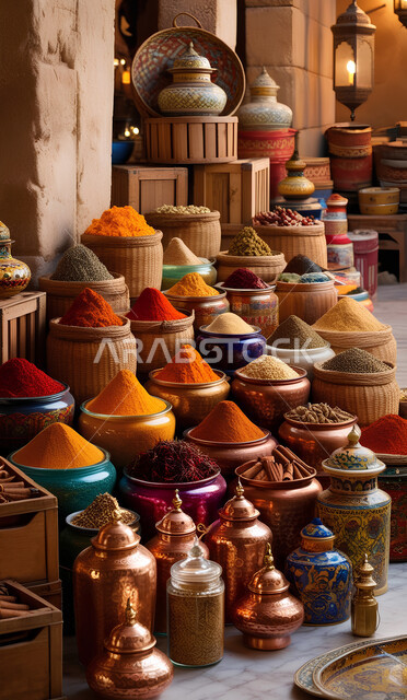 Traditional popular markets for selling spices and aromatics, a view of the display of colorful and diverse spices, natural flavors and colorants for foods and meals, plants with health and therapeutic benefits, local Saudi national agricultural products and crops