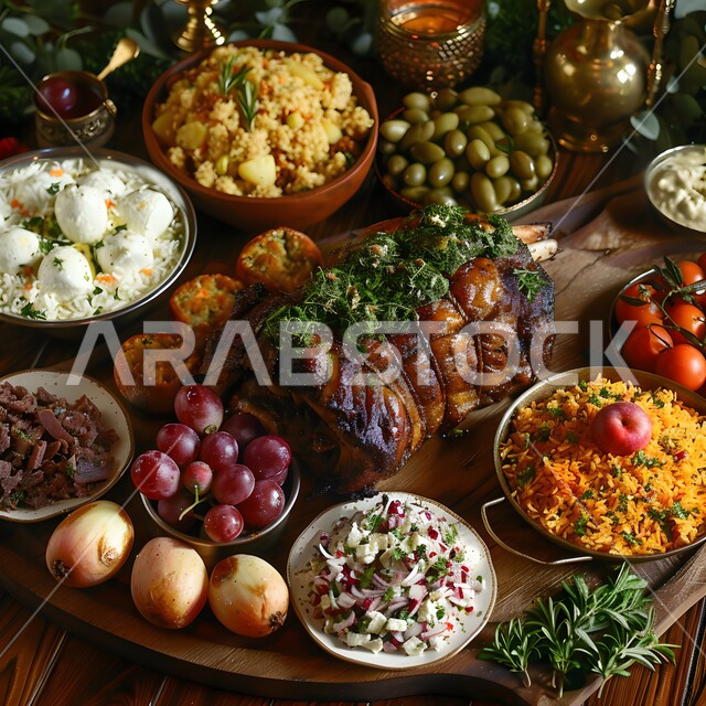 Oriental food recipes, a picture of a table full of different types and shapes of food, oriental food in restaurants in the Kingdom of Saudi Arabia, the art of serving and preparing meals, the concept of decorating and arranging the feast, healthy popular dishes