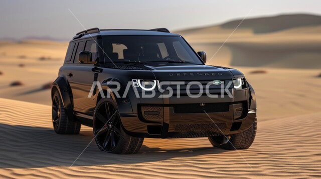 أنشطة صحراوية ممتعة، الاستمتاع بممارسة الهوايات المفضلة, مغامرة شيقة على الرمال الذهبية الناعمة في صحاري المملكة العربية السعودية، مغامرات سفاري على الكثبان الرملية، صورة مقربة لسيارة رانج روفر وسط صحراء المملكة