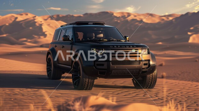 أنشطة صحراوية ممتعة، الاستمتاع بممارسة الهوايات المفضلة, مغامرة شيقة على الرمال الذهبية الناعمة في صحاري المملكة العربية السعودية، مغامرات سفاري على الكثبان الرملية، صورة مقربة لسيارة رانج روفر وسط صحراء المملكة