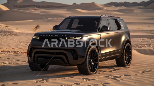 أنشطة صحراوية ممتعة، الاستمتاع بممارسة الهوايات المفضلة, مغامرة شيقة على الرمال الذهبية الناعمة في صحاري المملكة العربية السعودية، مغامرات سفاري على الكثبان الرملية، صورة مقربة لسيارة رانج روفر وسط صحراء المملكة