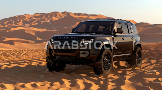 صورة مقربة لسيارة رانج روفر وسط صحراء المملكة، أنشطة صحراوية ممتعة، الاستمتاع بممارسة الهوايات المفضلة, مغامرة شيقة على الرمال الذهبية الناعمة في صحاري المملكة العربية السعودية، مغامرات سفاري على الكثبان الرملية