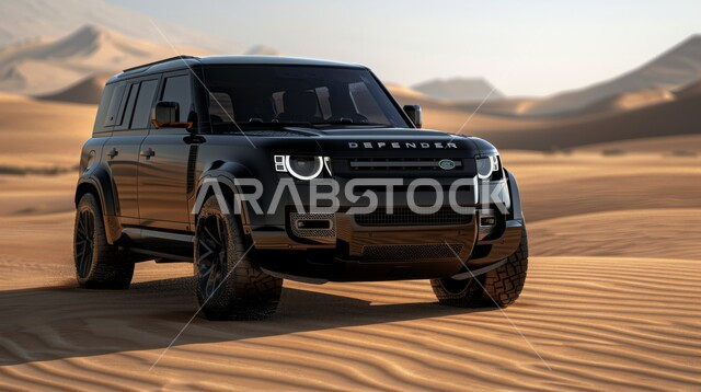 صورة مقربة لسيارة رانج روفر وسط صحراء المملكة، أنشطة صحراوية ممتعة، الاستمتاع بممارسة الهوايات المفضلة, مغامرة شيقة على الرمال الذهبية الناعمة في صحاري المملكة العربية السعودية، مغامرات سفاري على الكثبان الرملية