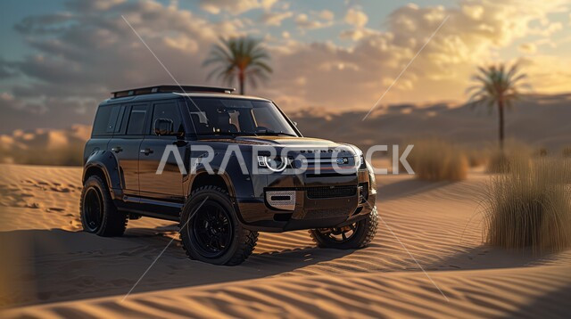 صورة مقربة لسيارة رانج روفر وسط صحراء المملكة، أنشطة صحراوية ممتعة، الاستمتاع بممارسة الهوايات المفضلة, مغامرة شيقة على الرمال الذهبية الناعمة في صحاري المملكة العربية السعودية، مغامرات سفاري على الكثبان الرملية