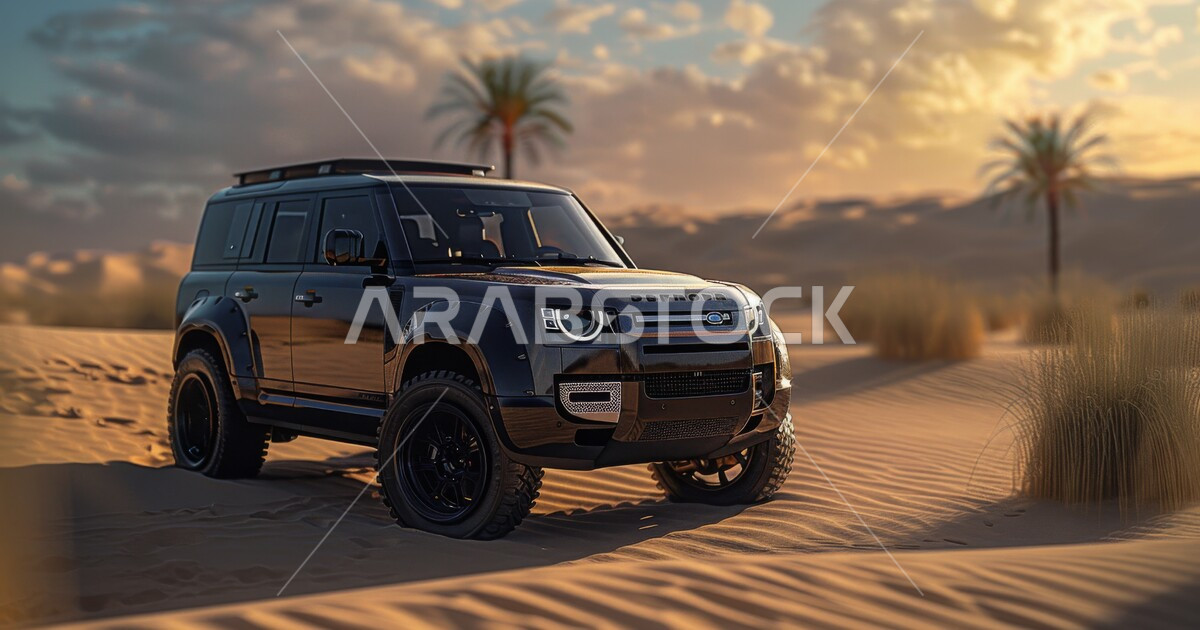 Close-up of a Range Rover in the middle of the desert of the Kingdom ...