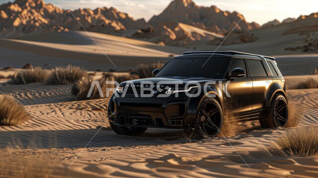 صورة مقربة لسيارة رانج روفر وسط صحراء المملكة، أنشطة صحراوية ممتعة، الاستمتاع بممارسة الهوايات المفضلة, مغامرة شيقة على الرمال الذهبية الناعمة في صحاري المملكة العربية السعودية، مغامرات سفاري على الكثبان الرملية