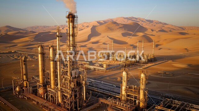 صورة من الأعلى لمصفاة نفط في صحراء المملكة العربية السعودية، مناخ قاسي وجاف، ادوات ومعدات ضخمة وحديثة، اعتماد التقنيات والتكنولوجيا الحديثة في إنتاجية النفط والغاز، الكثبان الرمليه الناعمة الذهبية، التطور الهندسي والعمراني لمصافي البترول