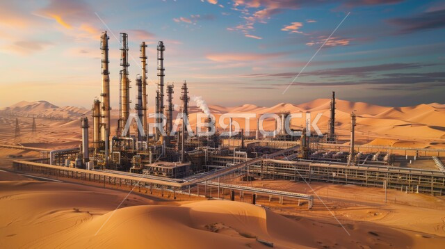 صورة من الأعلى لمصفاة نفط في صحراء المملكة العربية السعودية، مناخ قاسي وجاف، ادوات ومعدات ضخمة وحديثة، اعتماد التقنيات والتكنولوجيا الحديثة في إنتاجية النفط والغاز، الكثبان الرمليه الناعمة الذهبية، التطور الهندسي والعمراني لمصافي البترول