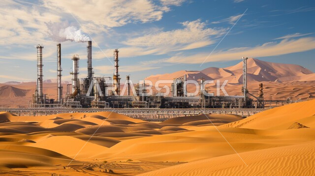 التطور الهندسي والعمراني لمصافي البترول، صورة جانبية لمصفاة نفط في صحراء المملكة العربية السعودية، مناخ قاسي وجاف، ادوات ومعدات ضخمة وحديثة، اعتماد التقنيات والتكنولوجيا الحديثة في إنتاجية النفط والغاز، الكثبان الرمليه الناعمة الذهبية