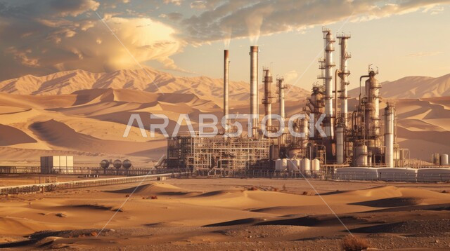 التطور الهندسي والعمراني لمصافي البترول، صورة جانبية لمصفاة نفط في صحراء المملكة العربية السعودية، مناخ قاسي وجاف، ادوات ومعدات ضخمة وحديثة، اعتماد التقنيات والتكنولوجيا الحديثة في إنتاجية النفط والغاز، الكثبان الرمليه الناعمة الذهبية