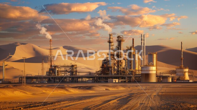 التطور الهندسي والعمراني لمصافي البترول، صورة جانبية لمصفاة نفط في صحراء المملكة العربية السعودية، مناخ قاسي وجاف، ادوات ومعدات ضخمة وحديثة، اعتماد التقنيات والتكنولوجيا الحديثة في إنتاجية النفط والغاز، الكثبان الرمليه الناعمة الذهبية
